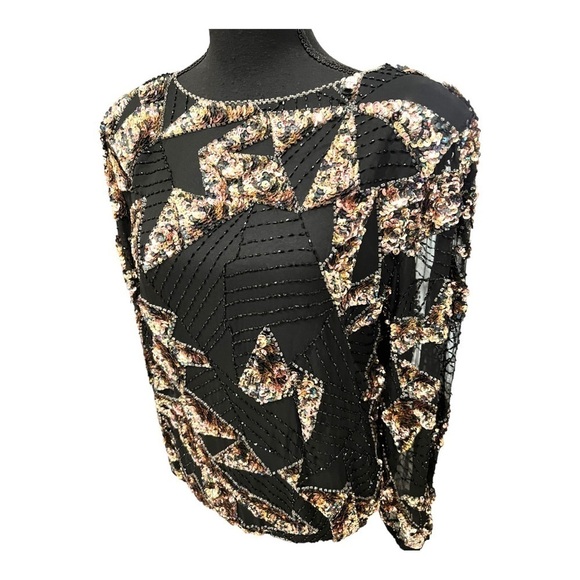 Vintage Oleg Cassini Black Silk Rayon Sequin Top Small - Picture 5 of 13